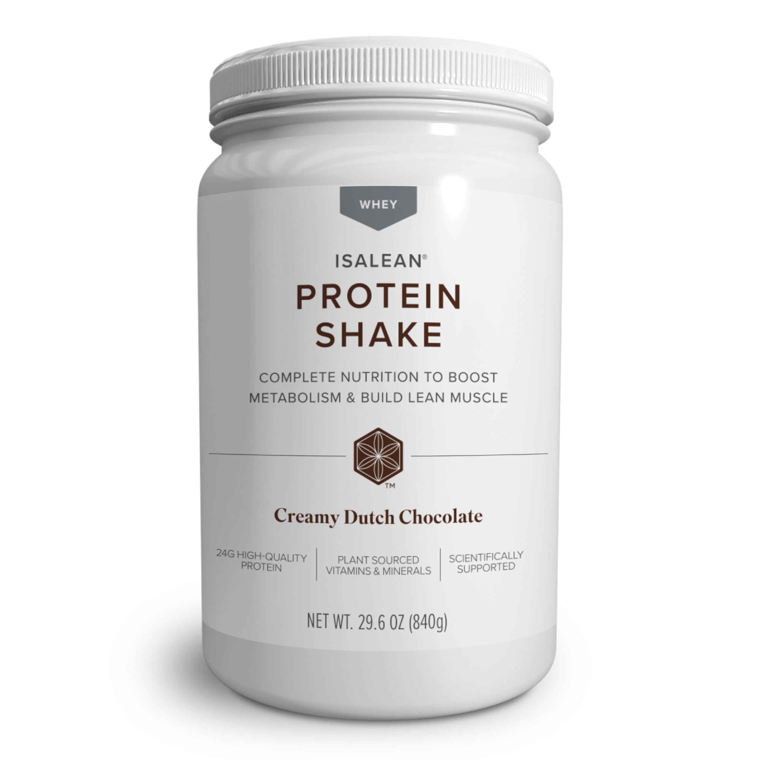 Isagenix IsaLean creamy Dutch Chocolate bottle for balanced meal replacement.