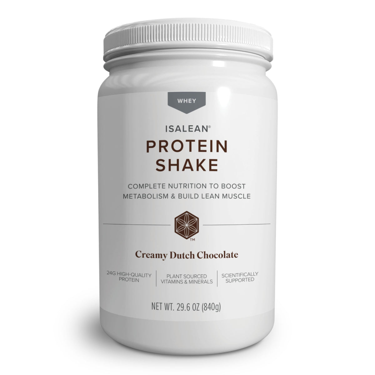 Isagenix IsaLean creamy Dutch Chocolate bottle for balanced meal replacement.