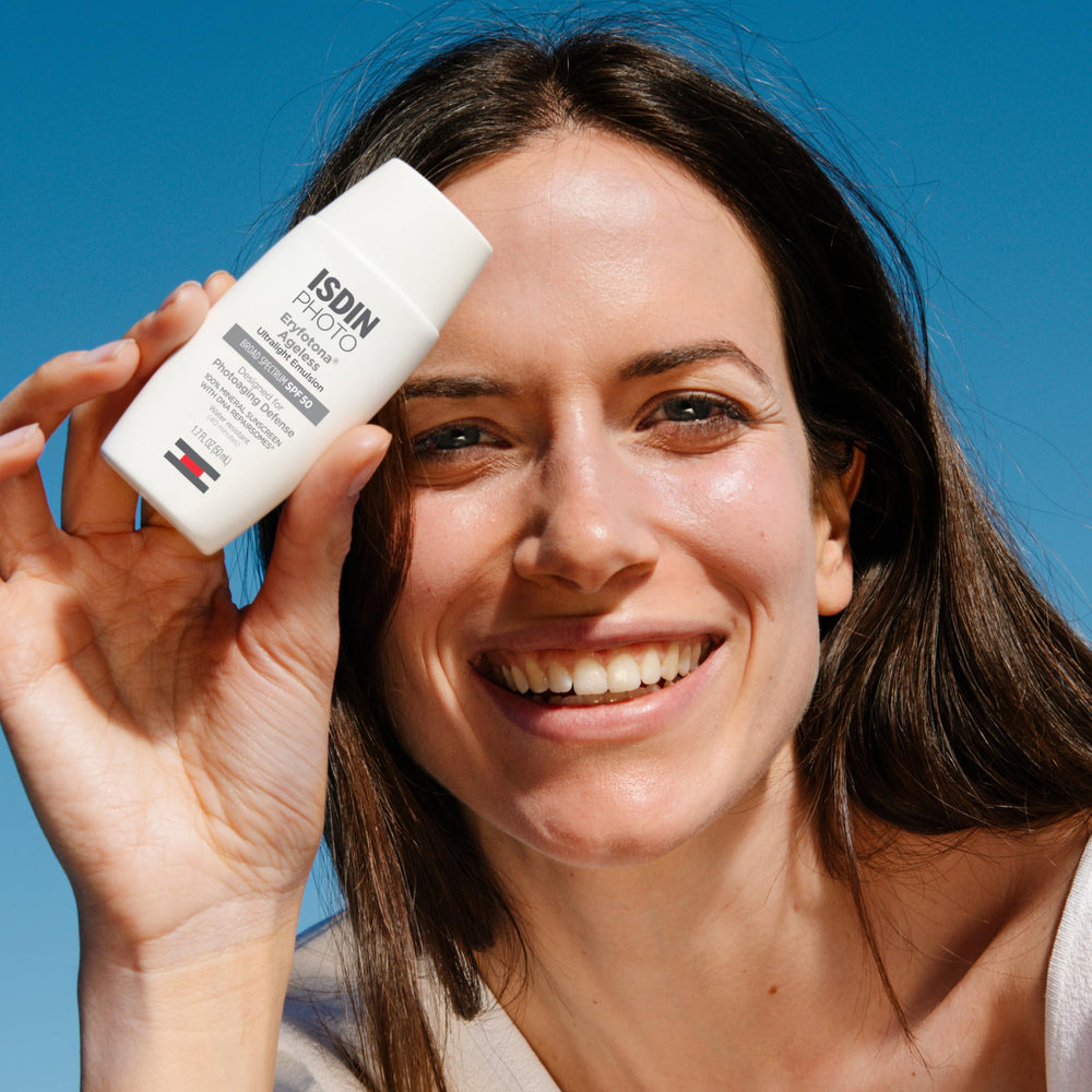 ISDIN Eryfotona Ageless SPF 50 no white cast effect for even skin tone.