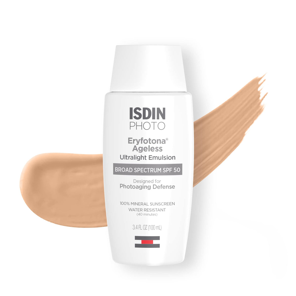 ISDIN Eryfotona Ageless SPF 50 tinted bottle provides even skin tone