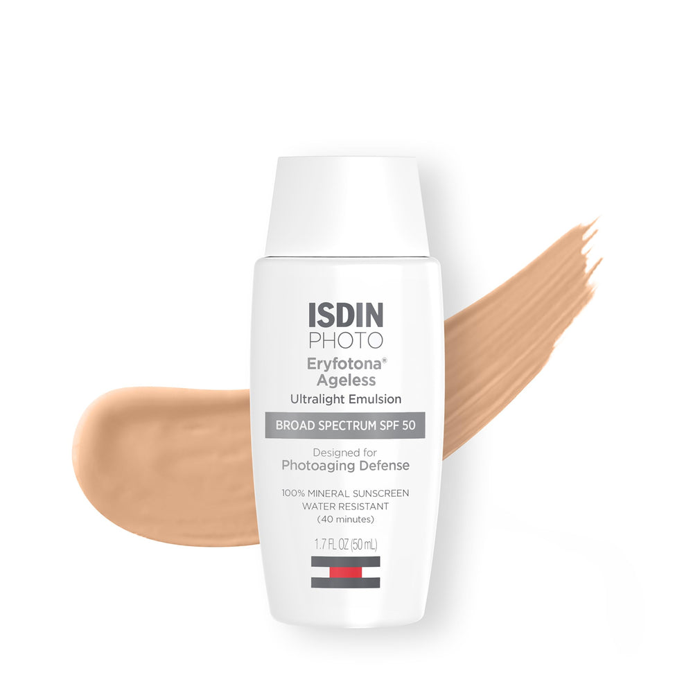 ISDIN Eryfotona Ageless SPF 50 tinted bottle showing mineral protection and natural finish.