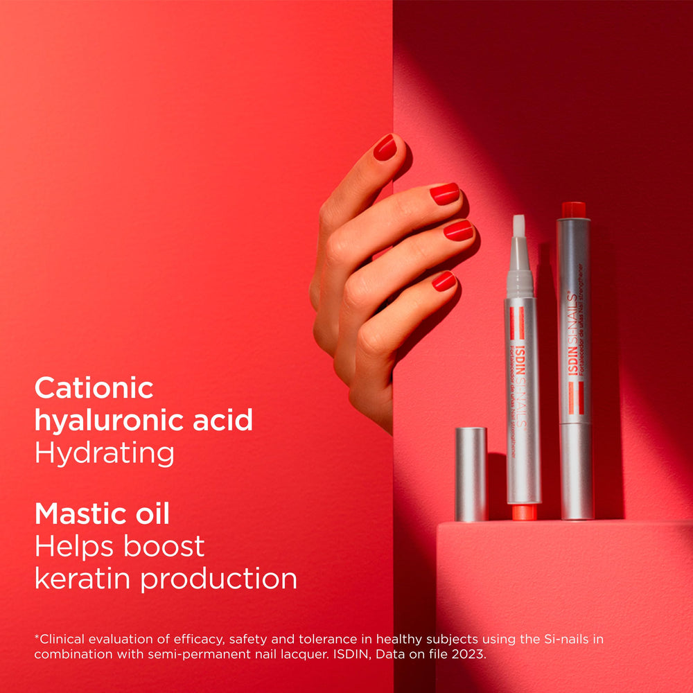 ISDIN Si-Nails close-up texture shows smoother, hydrated nail surface.