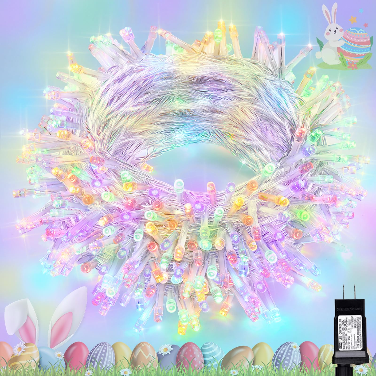iShabao Easter lights 66ft 200 LED, vivid pastel colors for indoor and outdoor decor.