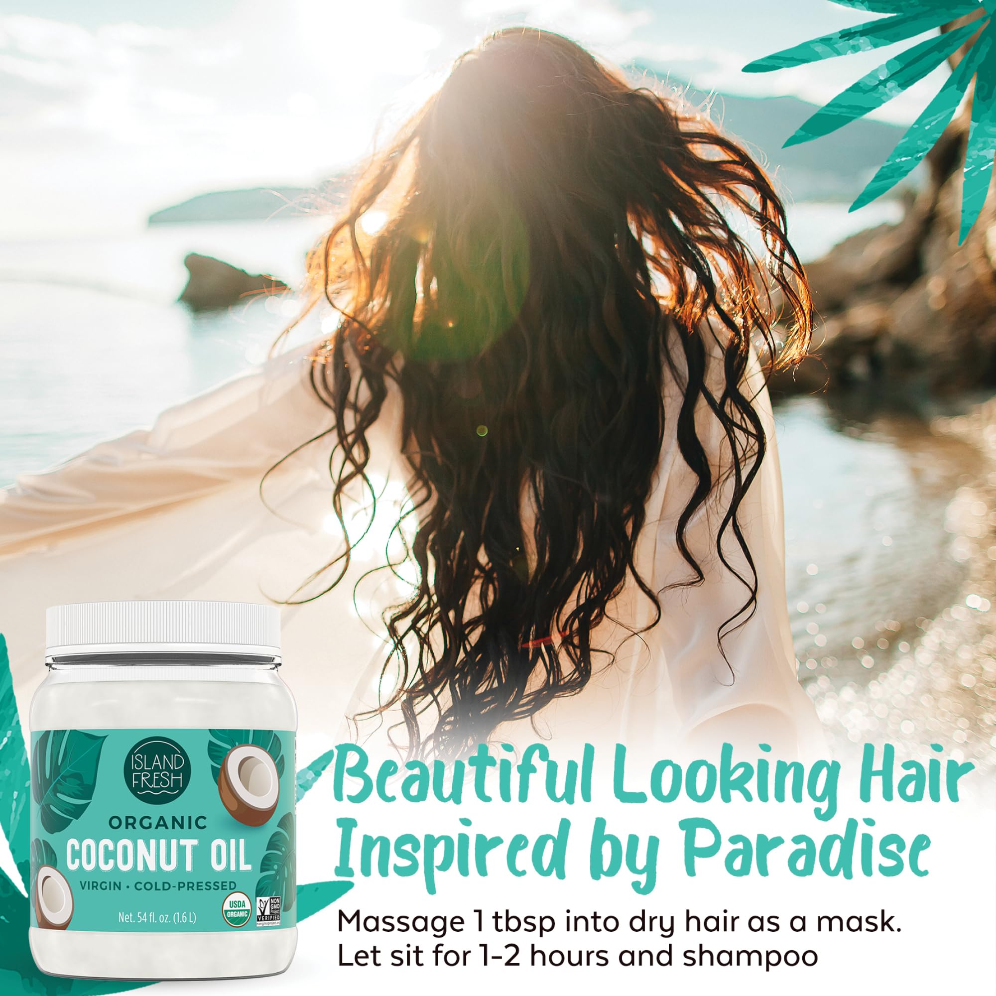 Island Fresh Coconut Oil hair treatment illustrates root-to-end conditioning routine.