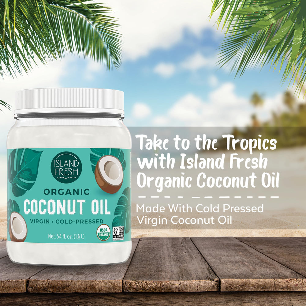 Island Fresh Coconut Oil label view emphasizes organic, cold-pressed quality and USDA certification.