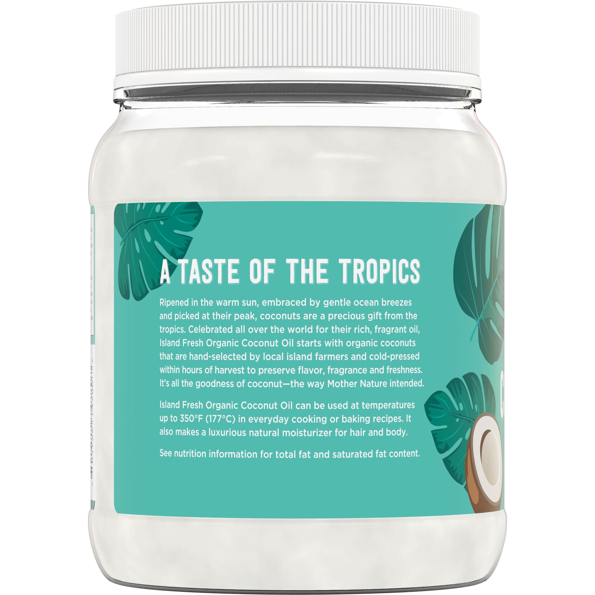 Island Fresh Coconut Oil organic label highlights certified organic and non-GMO status.