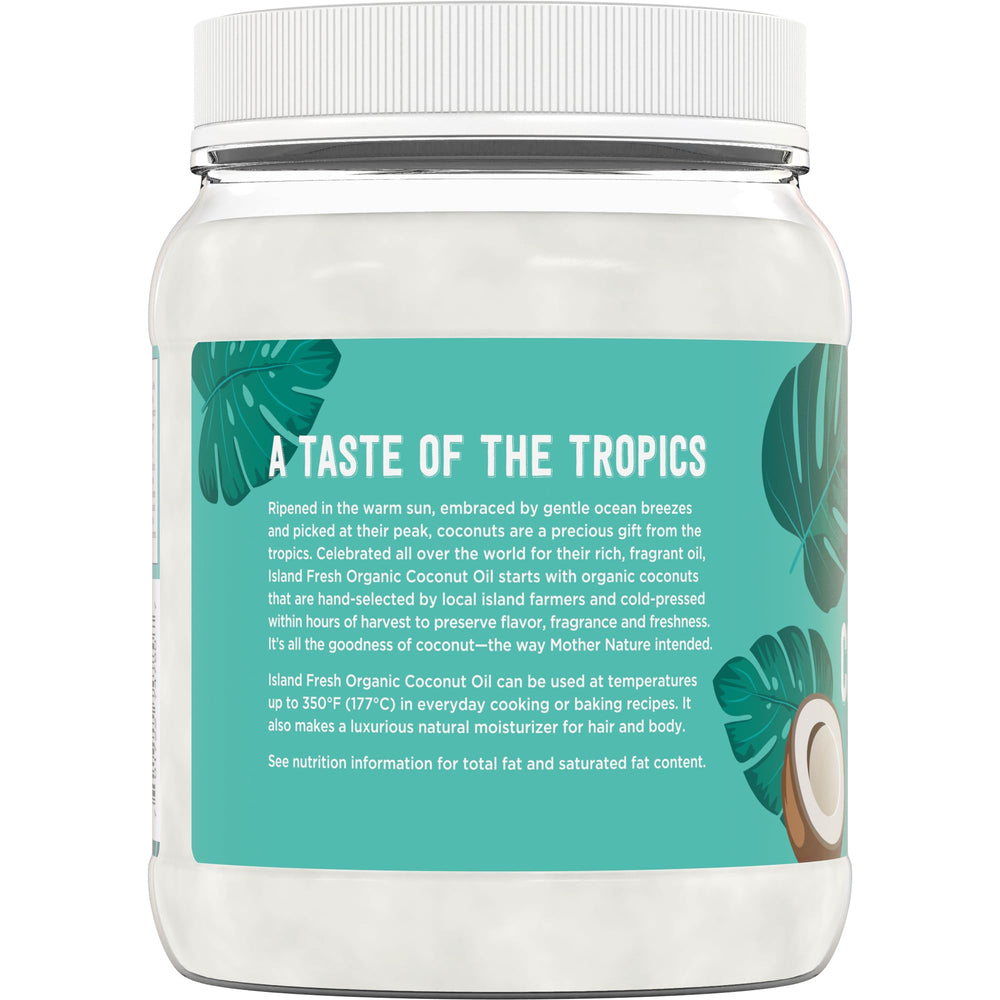 Island Fresh Coconut Oil organic label highlights certified organic and non-GMO status.
