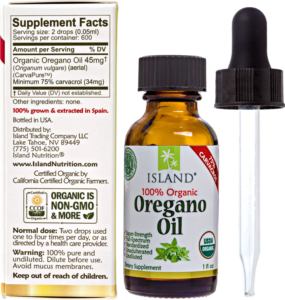 Island Nutrition oregano oil drops 75% carvacrol note conveys potency.