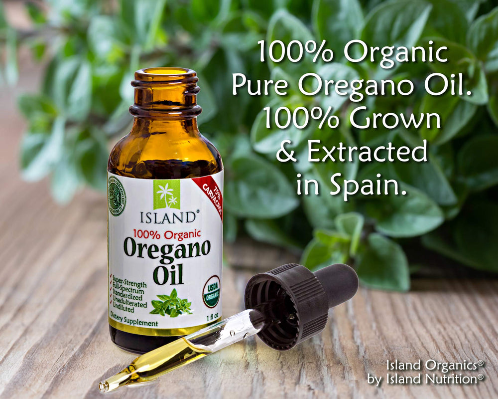 Island Nutrition oregano oil drops amber glass bottle signals premium organic oil.