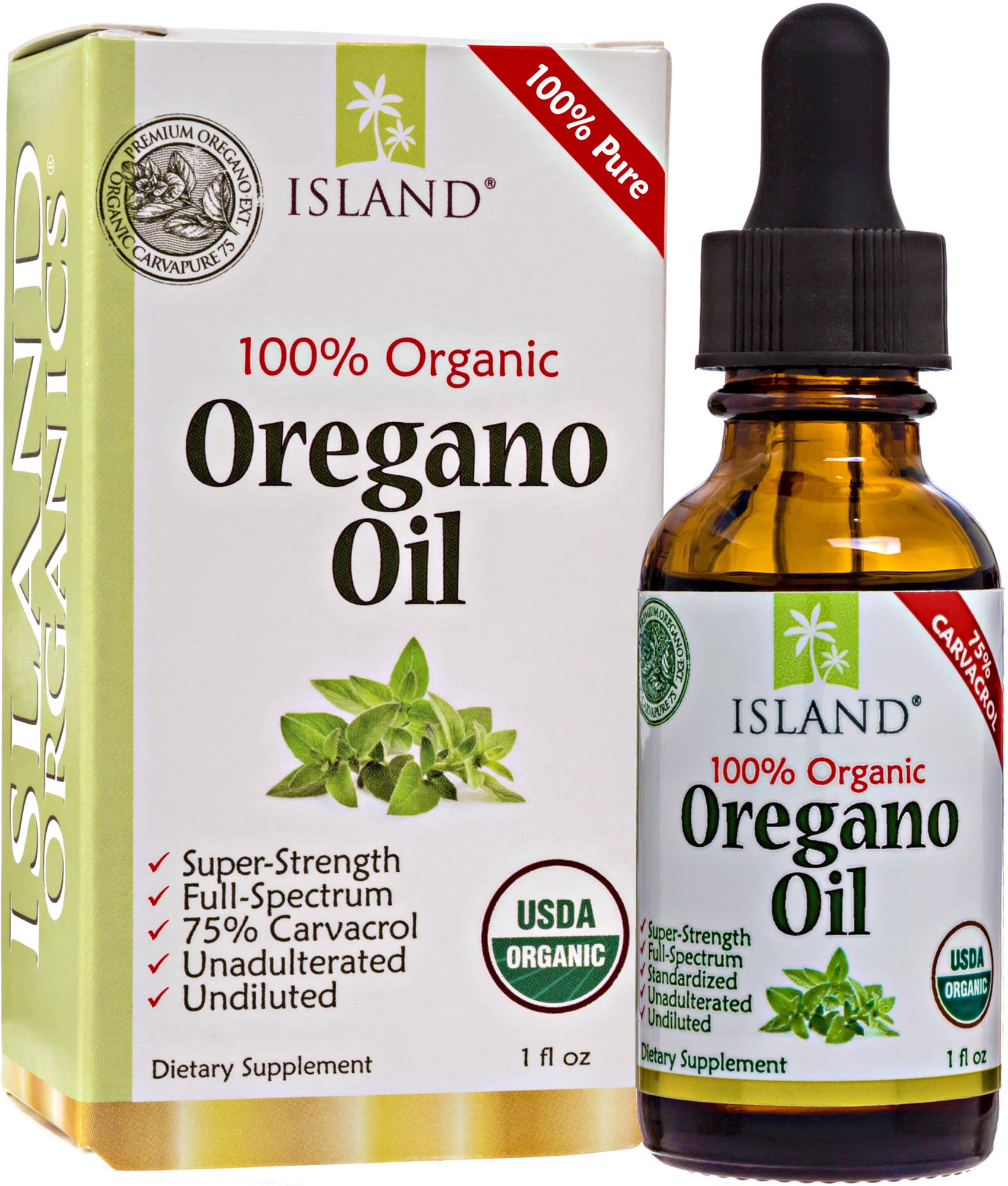 Island Nutrition oregano oil drops bottle highlights high carvacrol content for immune support.
