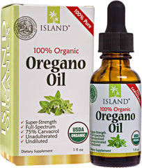 Island Nutrition oregano oil drops bottle highlights high carvacrol content for immune support.