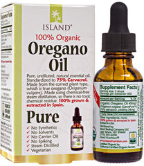 Island Nutrition oregano oil drops pour shows undiluted oil ready for use.