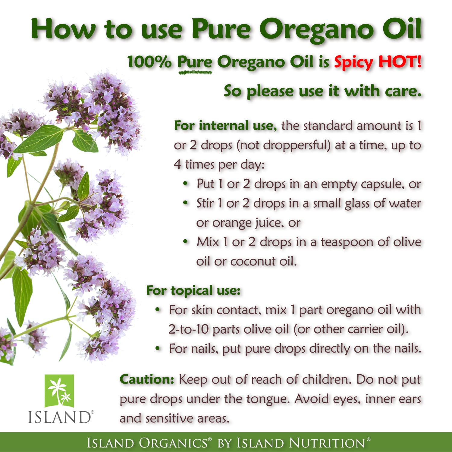 Island Nutrition oregano oil drops Spain origin badge highlights heritage.