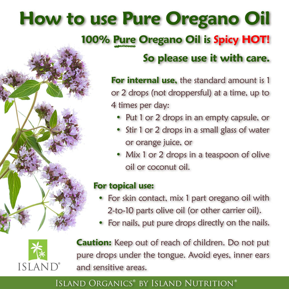 Island Nutrition oregano oil drops Spain origin badge highlights heritage.