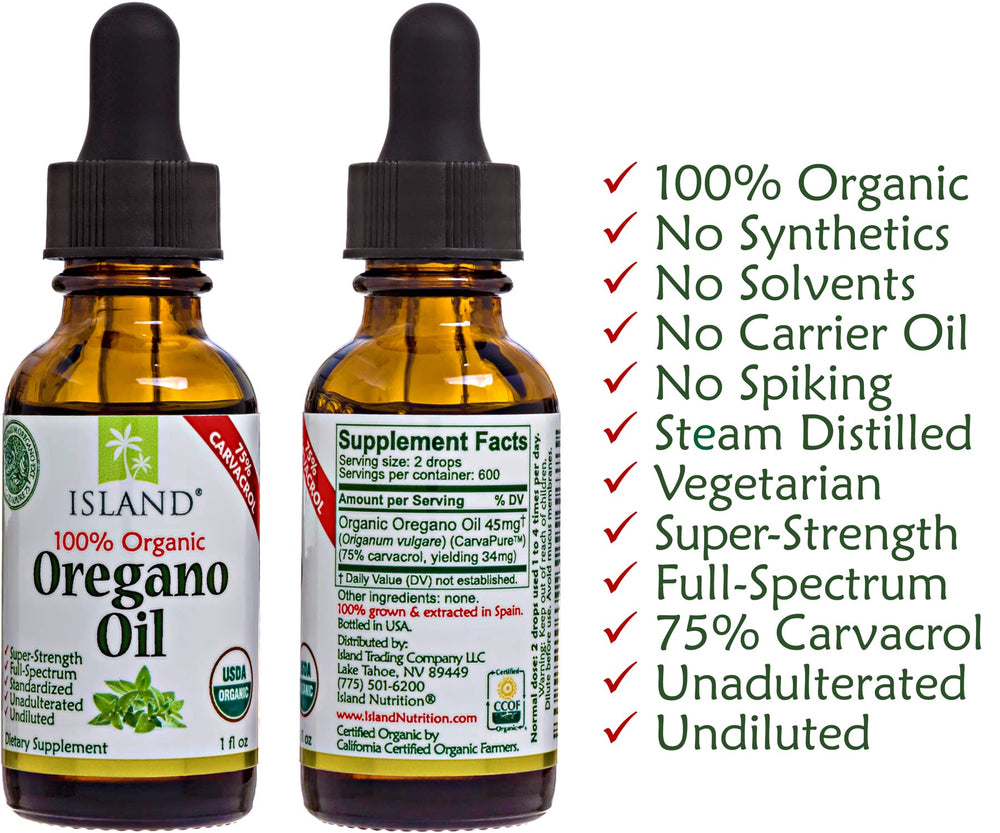 Island Nutrition oregano oil drops undiluted form on packaging close-up.