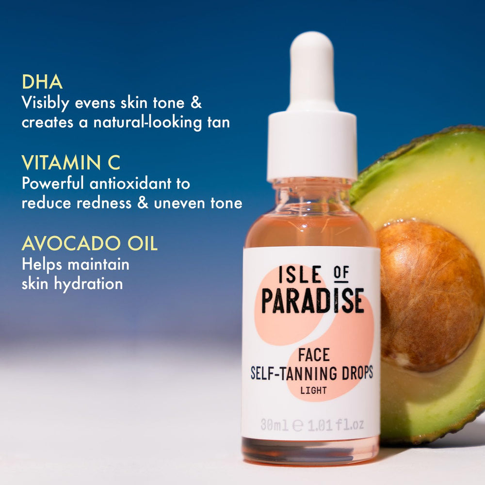 Isle of Paradise dermatologist-approved self-tanning drops promote a healthy glow.