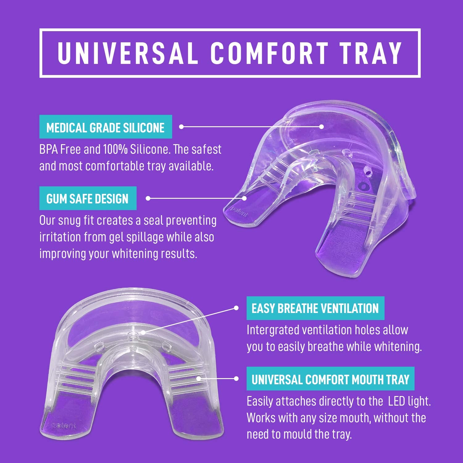 iSmile universal mouth tray fits most mouths for even whitening.