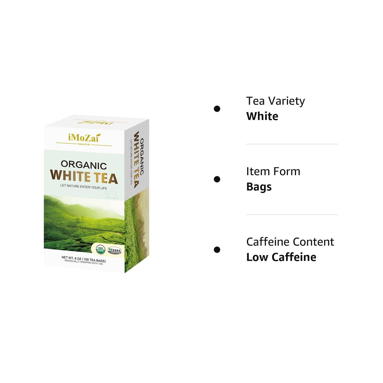 Boxed 100-count Imozai white tea bags for daily use.