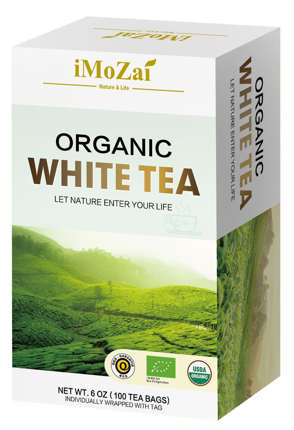 Imozai Organic White Tea Bags in packaging for fresh, convenient brewing.