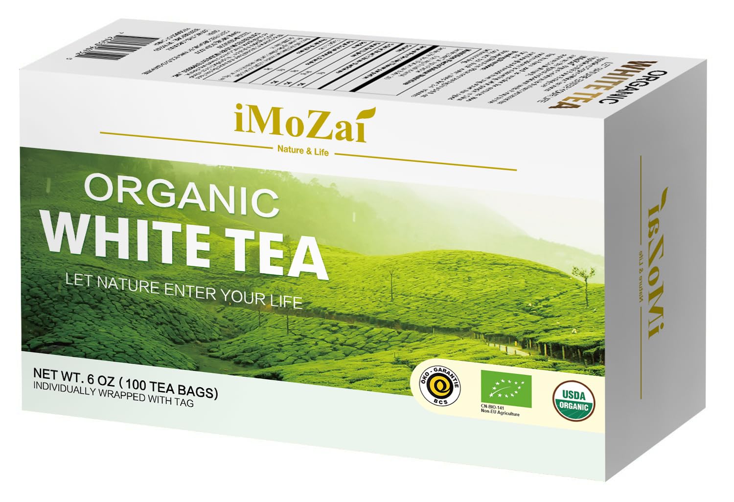 Imozai white tea bags wrapped for freshness and easy single cup brewing.