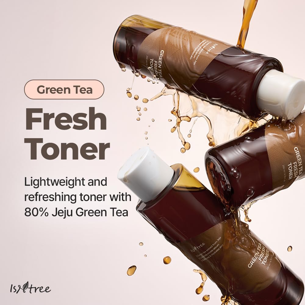IsNtree ISNTTREE Green Tea Fresh Toner bottle closeup with lightweight, quick-absorbing formula