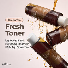 IsNtree ISNTTREE Green Tea Fresh Toner bottle closeup with lightweight, quick-absorbing formula