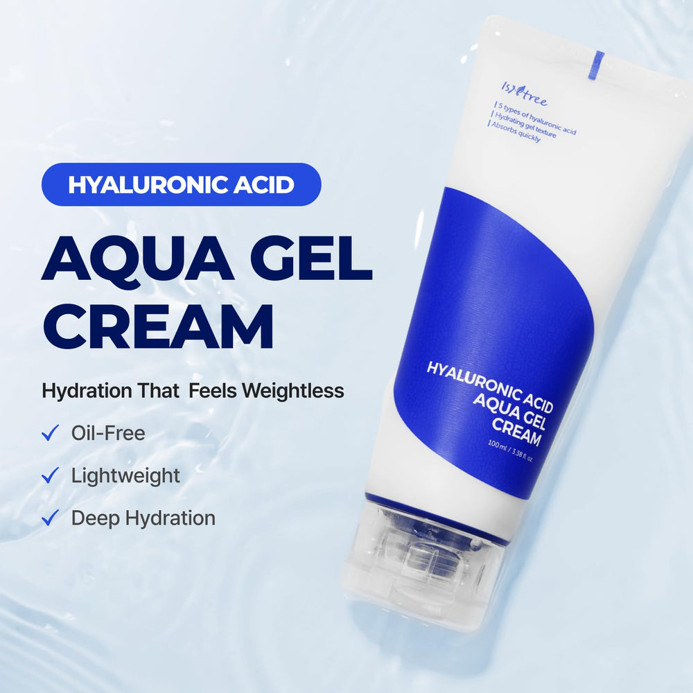 Close-up of IsNtree Aqua Gel Cream texture showing refreshing, non sticky feel
