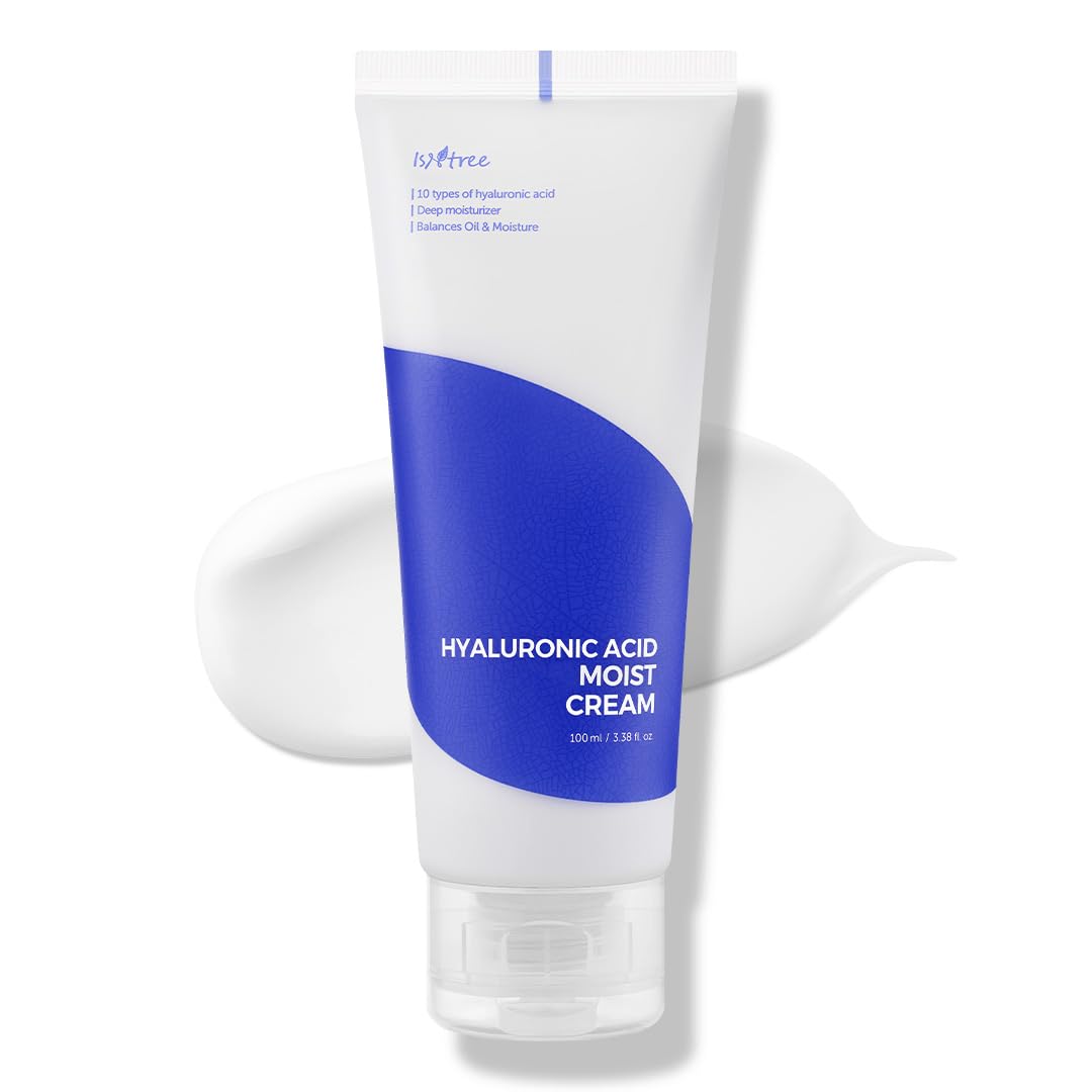ISNTREE Hyaluronic Acid Moist Cream jar closeup, showing deep hydration for dry skin
