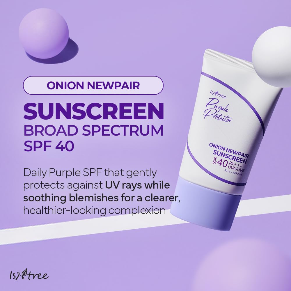ISNTREE Onion Newpair Sunscreen purple tint swirls brighten complexion.