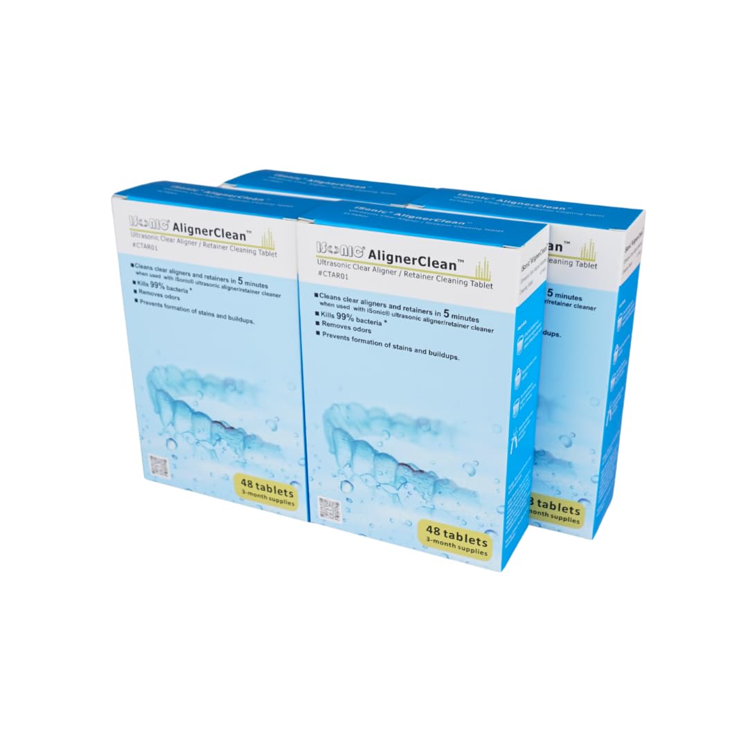 iSonic AlignerClean tablets bottle close-up for daily cleaning