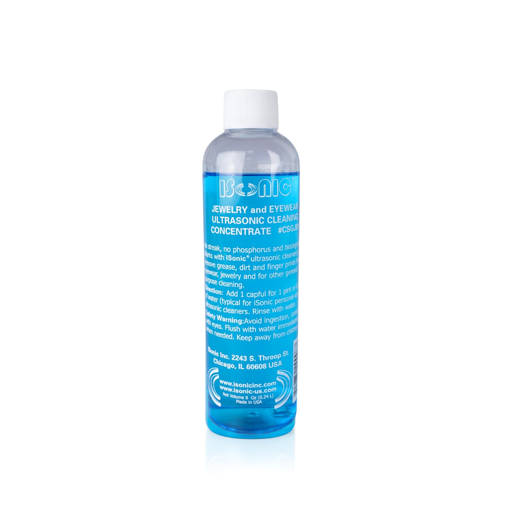 iSonic ultrasonic cleaning solution bottle for professional jewelry care.