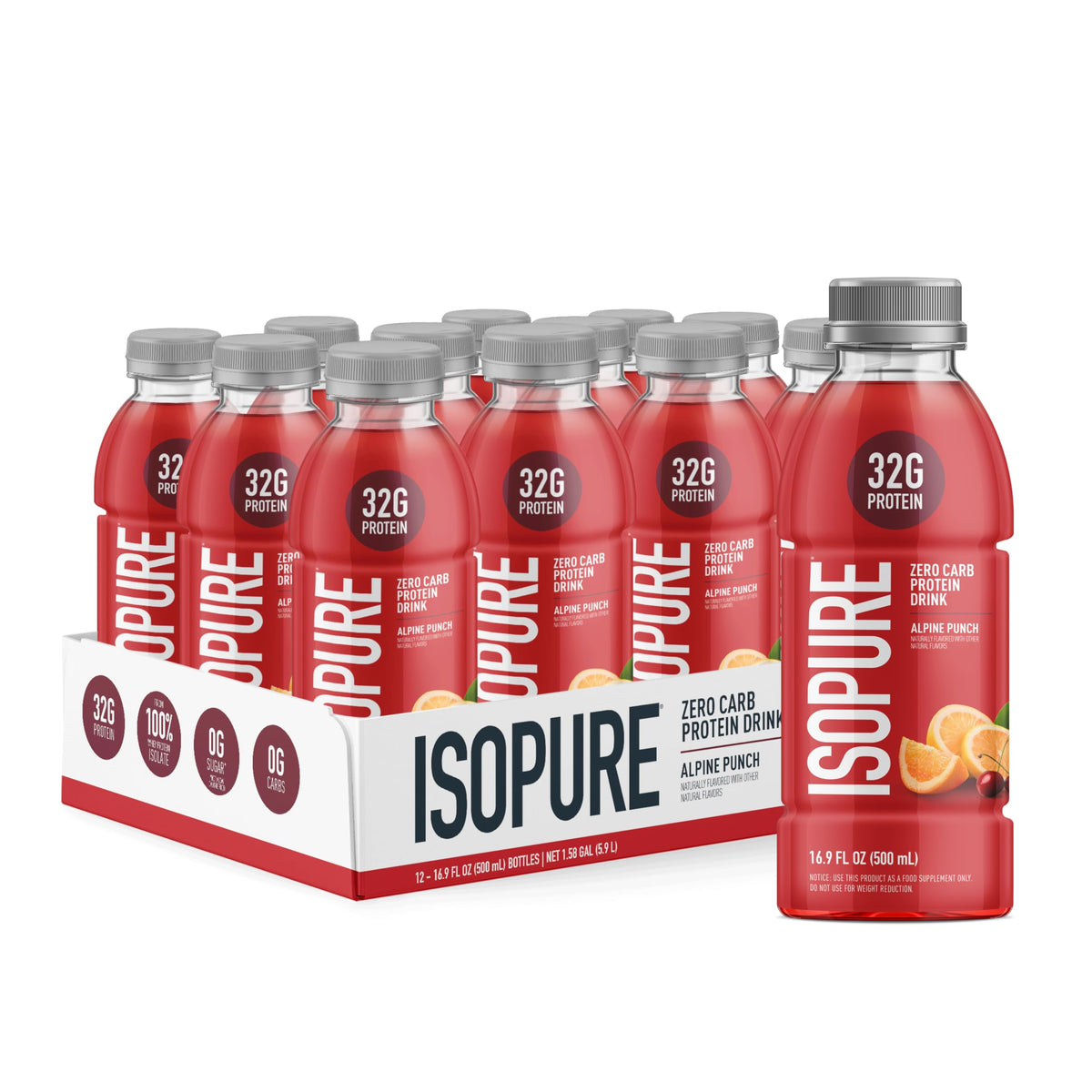 Isopure Alpine Punch bottle showing zero sugar protein for on-the-go refreshment.