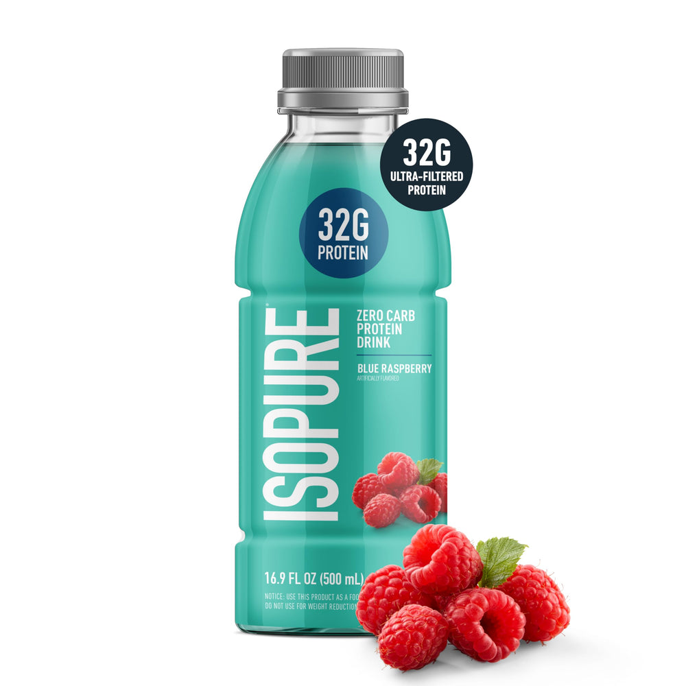Isopure Blue Raspberry close-up bottle label emphasizing clear protein drink