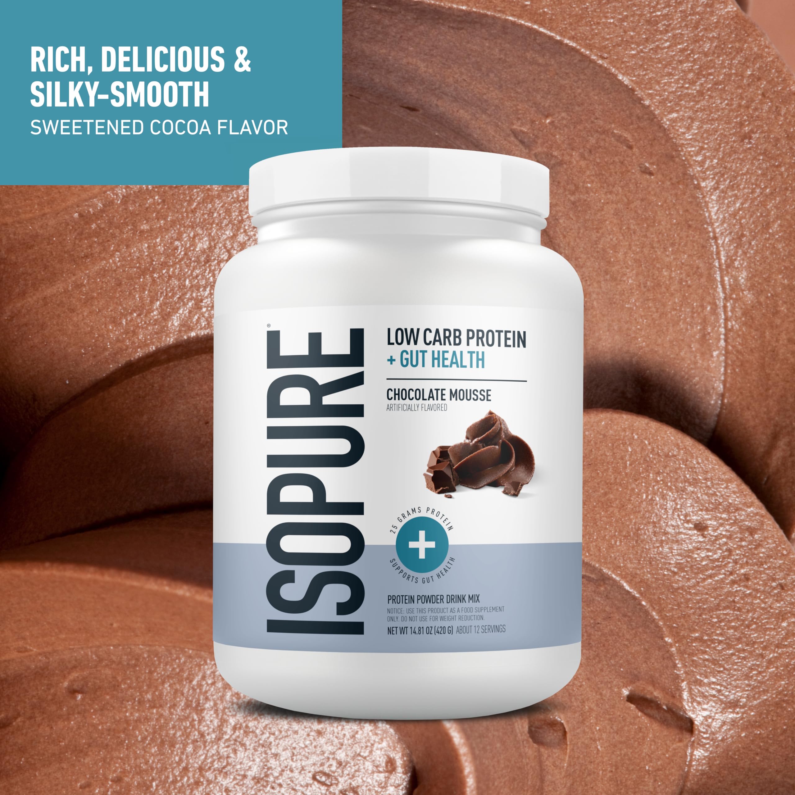 Isopure chocolate mousse shake in glass with rich texture