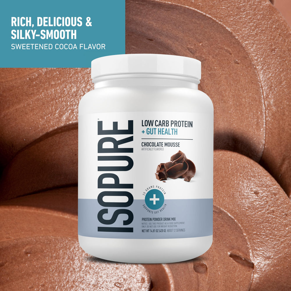 Isopure chocolate mousse shake in glass with rich texture
