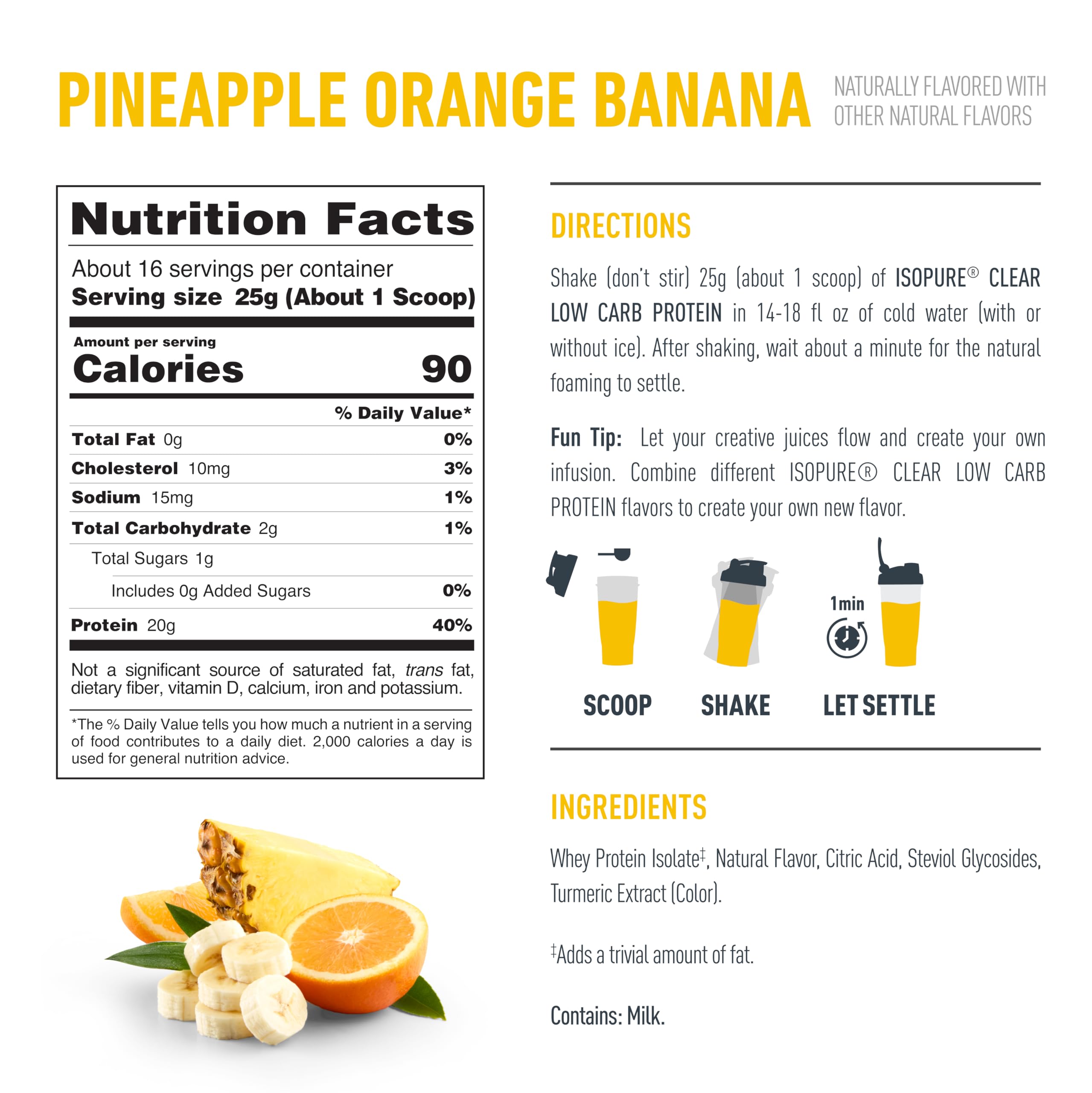 Gluten-free Isopure Clear Whey Isolate Pineapple Orange Banana powder supports daily protein needs.
