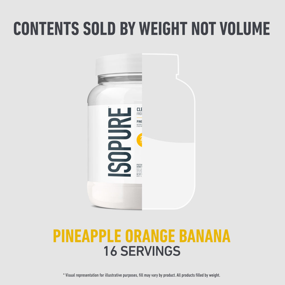 Low-carb Isopure Clear Whey Isolate Pineapple Orange Banana flavor fits macro-friendly routines.