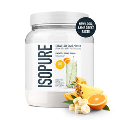 Isopure Clear Whey Isolate Pineapple Orange Banana glass shows a clean, fruity protein sip.