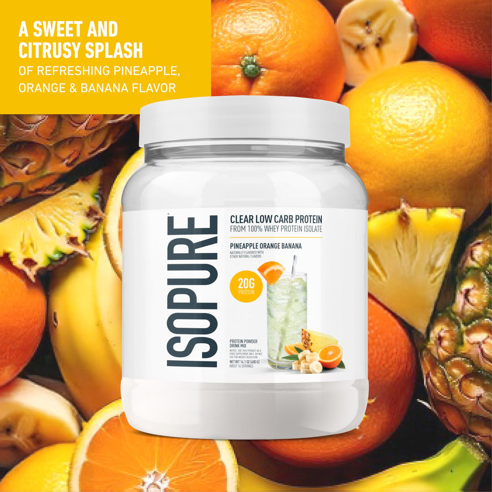 Pour Isopure Clear Whey Isolate Pineapple Orange Banana for a quick, low-carb protein refreshment.