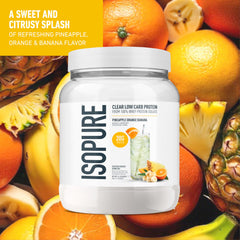Pour Isopure Clear Whey Isolate Pineapple Orange Banana for a quick, low-carb protein refreshment.