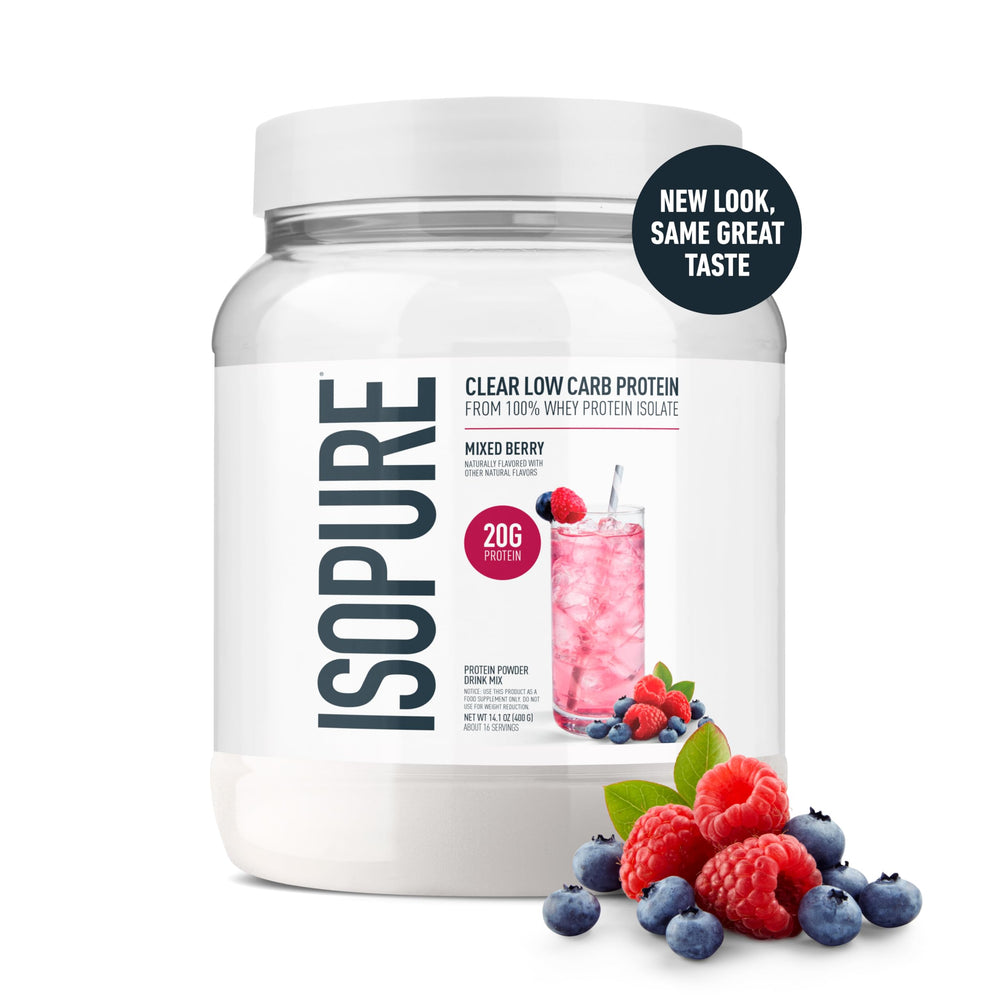 Isopure Clear Whey Isolate being poured into a glass for a light protein boost