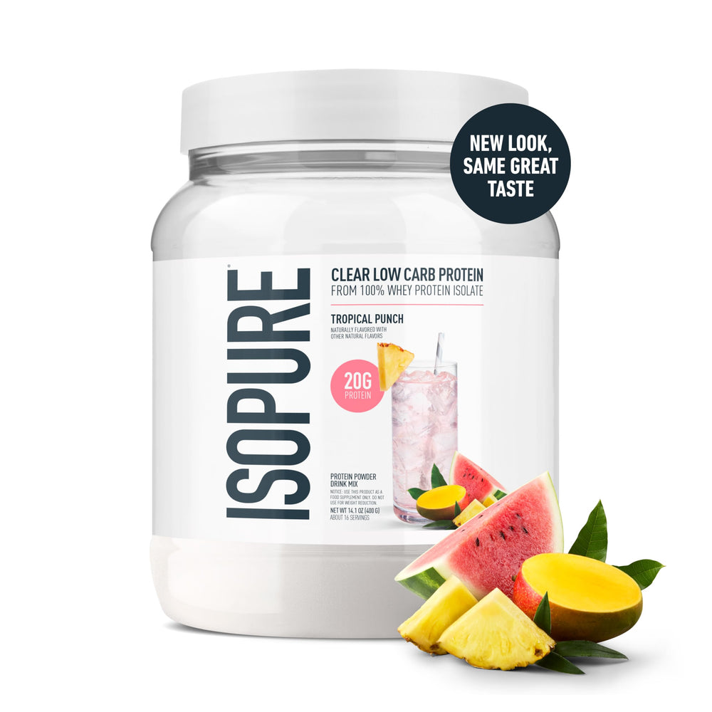 Isopure Clear Whey Isolate Tropical Punch shaker highlights easy post-workout hydration with 20g protein.