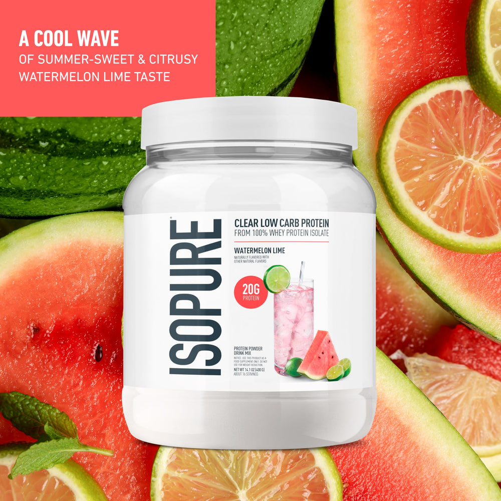 Isopure Clear Whey Watermelon Lime glass highlights a crisp, low-carb hydration option.
