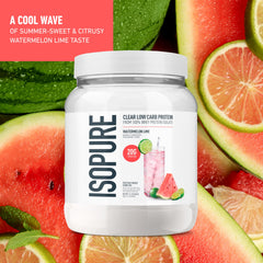 Isopure Clear Whey Watermelon Lime glass highlights a crisp, low-carb hydration option.