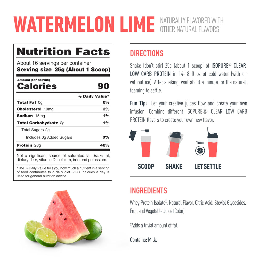 Isopure Clear Whey Watermelon Lime ingredients shot emphasizes the five-ingredient, no artificial additives.