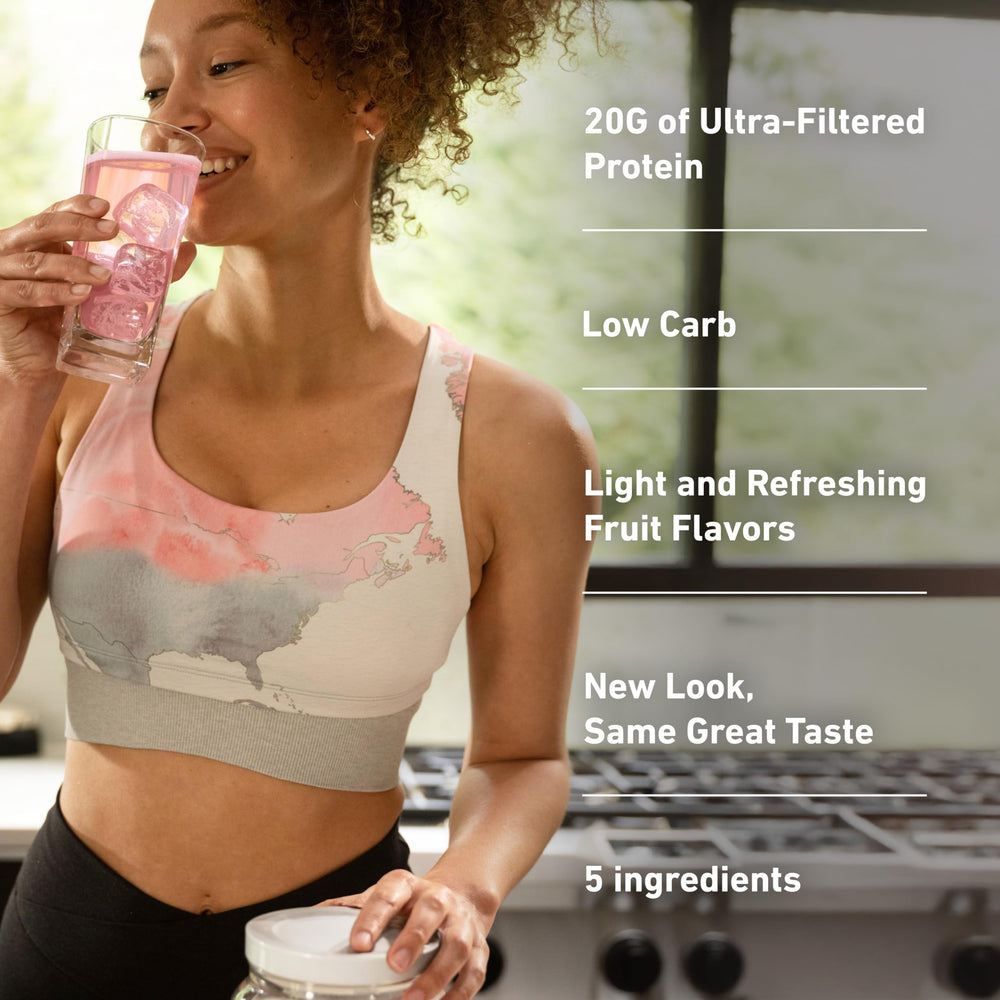 Isopure Clear Whey Watermelon Lime scoop showcases five-ingredient formula for simple mixing.