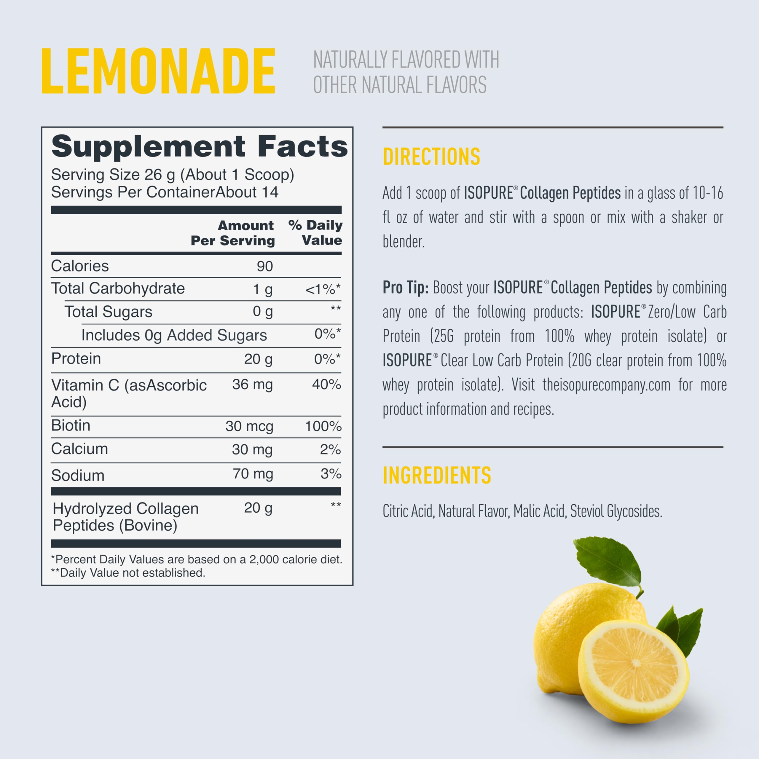 Isopure Collagen Peptides Lemonade packaging variation on shelf.