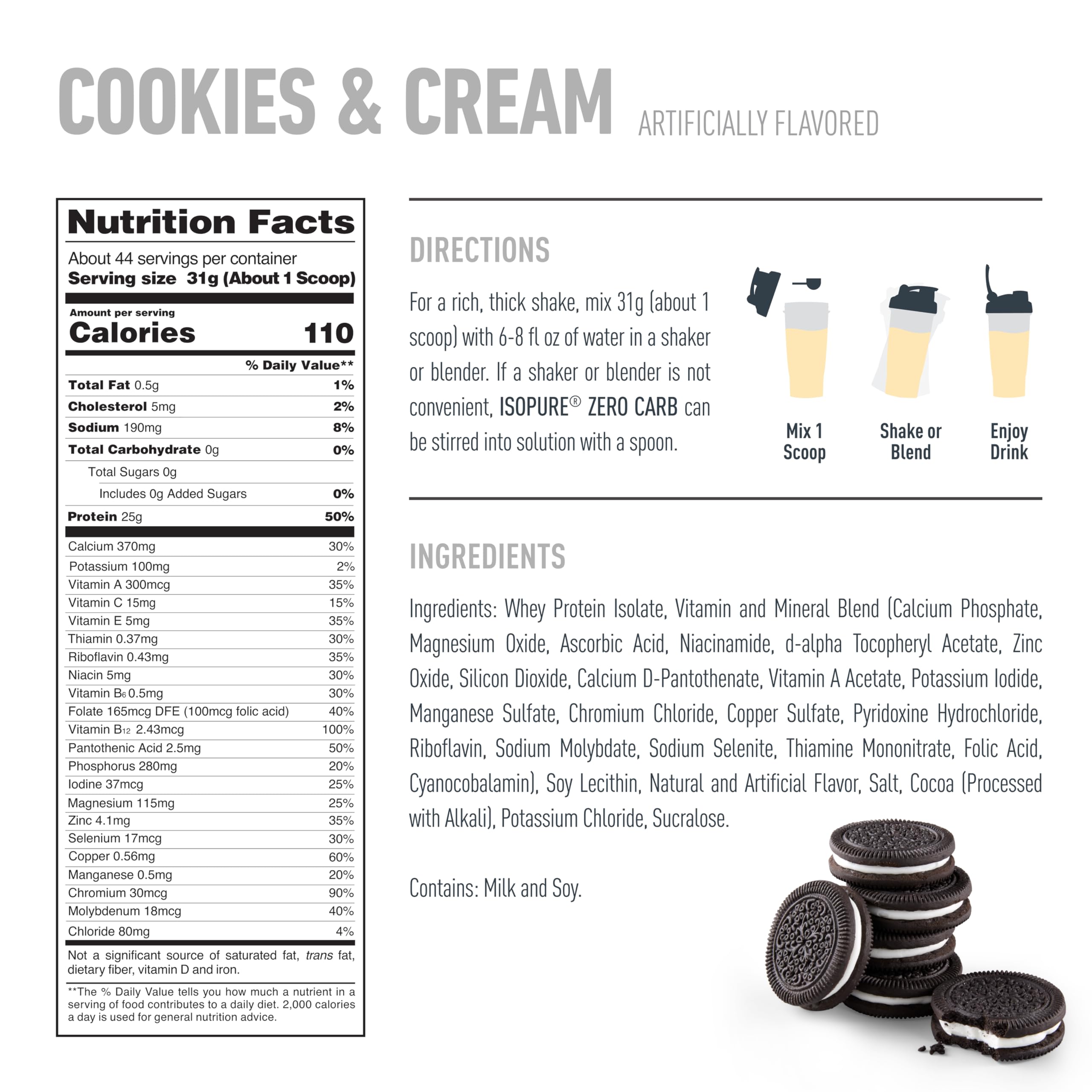 Isopure Cookies & Cream shake poured into a glass