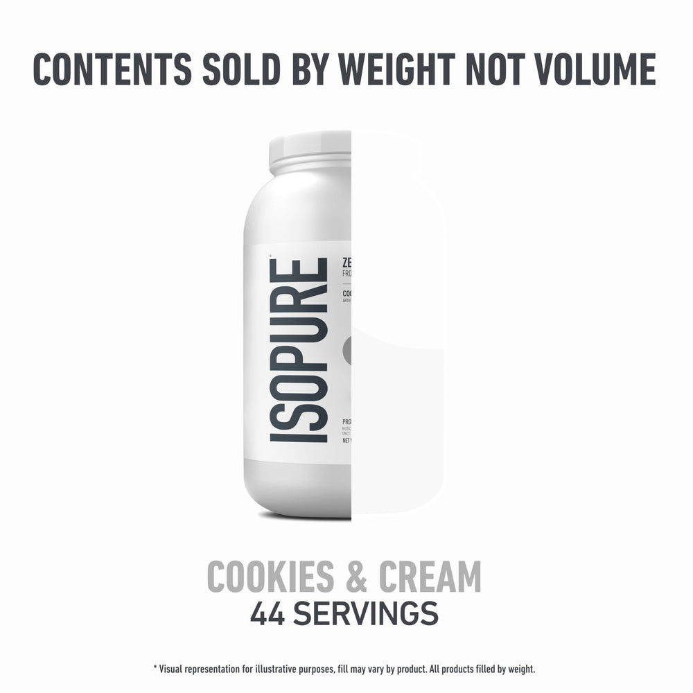 Isopure Cookies & Cream tub on kitchen counter ready for use