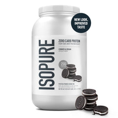 Close-up of Isopure powder scoop showing fine whey isolate